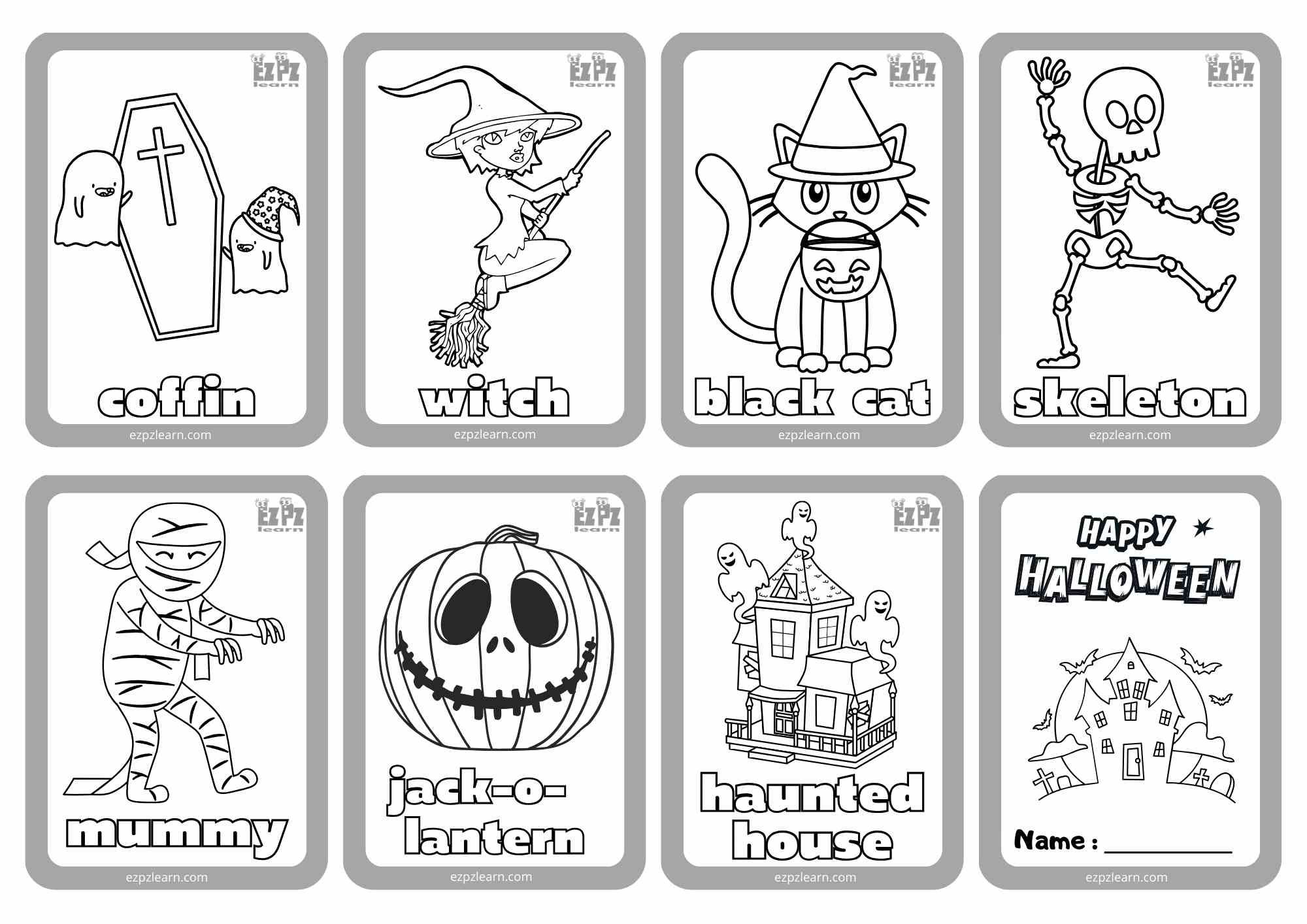 Halloween Mini Cards for Coloring Set 1 Free PDF Download for ESL and K5 Students